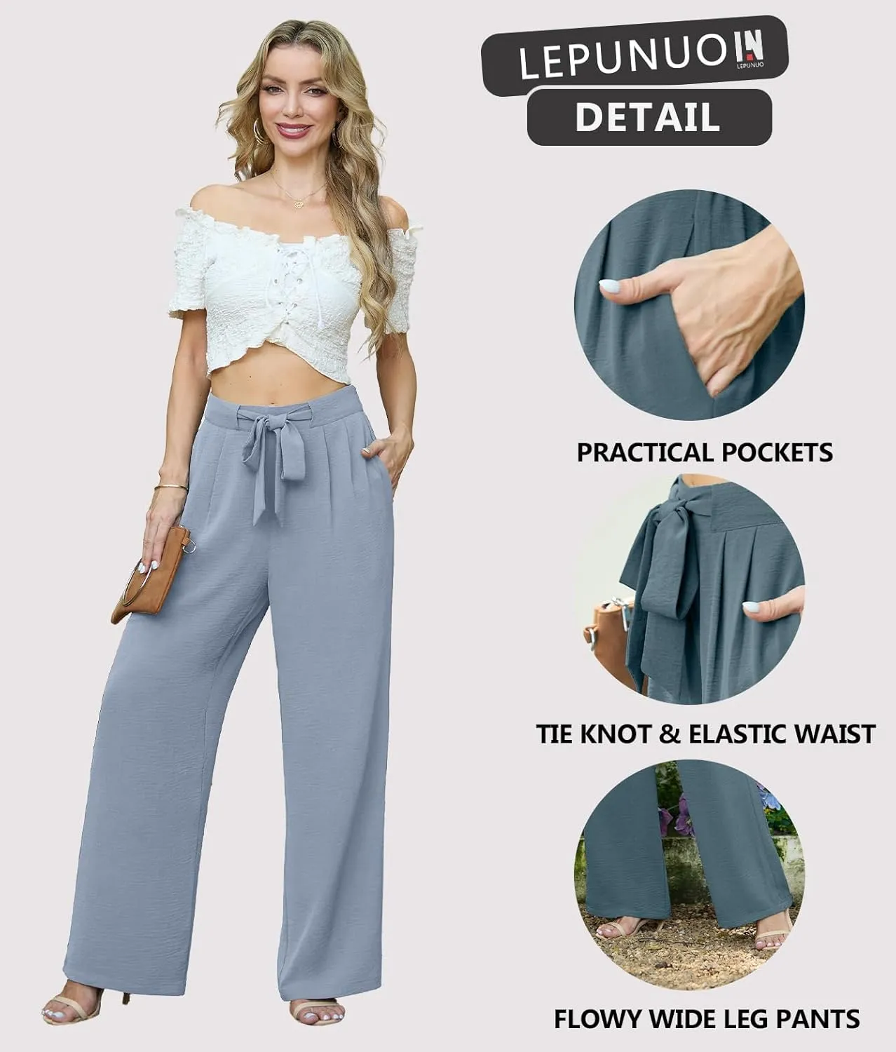 Lepunuo Women's High Waisted Wide Leg Flowy Pants Casual Palazzo Pants Work Adjustable Tie Knot Pants with Pockets