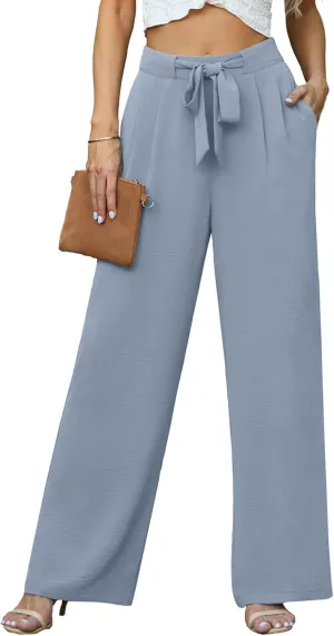 Lepunuo Women's High Waisted Wide Leg Flowy Pants Casual Palazzo Pants Work Adjustable Tie Knot Pants with Pockets