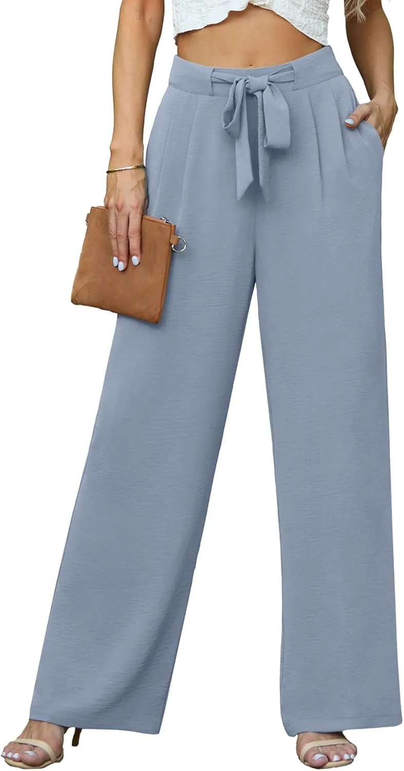 Lepunuo Women's High Waisted Wide Leg Flowy Pants Casual Palazzo Pants Work Adjustable Tie Knot Pants with Pockets