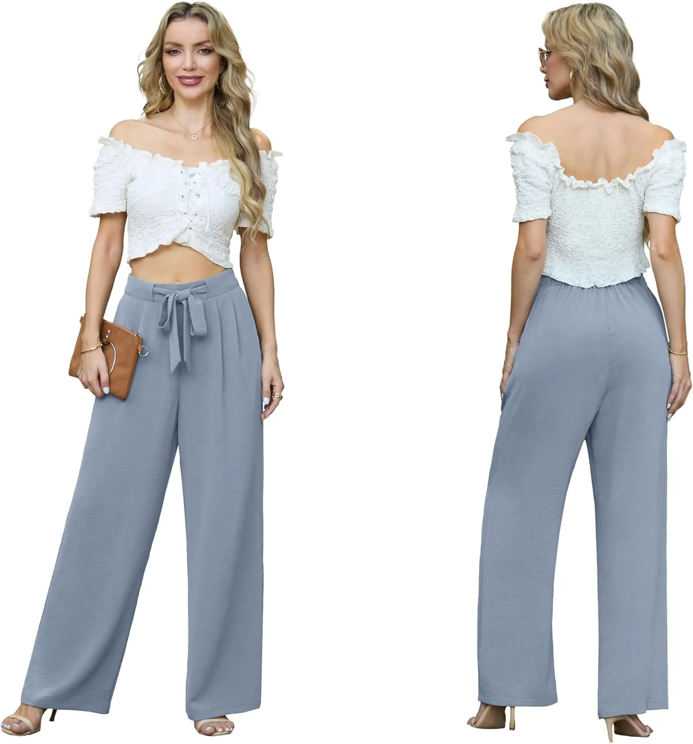 Lepunuo Women's High Waisted Wide Leg Flowy Pants Casual Palazzo Pants Work Adjustable Tie Knot Pants with Pockets