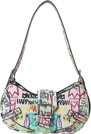 Letter Graffiti Printed Underarm Purse, PU Leather Hip Hop Painted Pattern Shoulder Bag, Vintage Multicolor Crossbody Bag