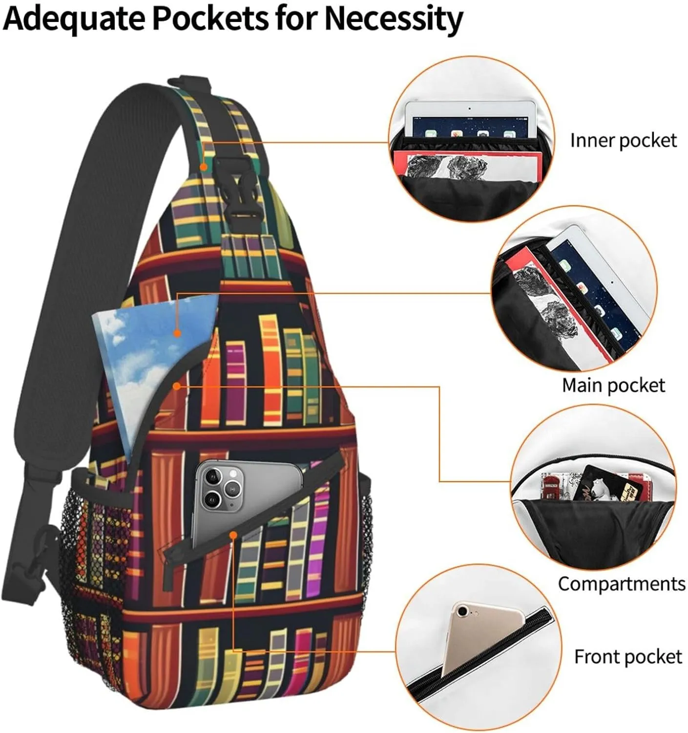 Library Bookshelf Unisex Casual Diagonal Chest Bag,Multipurpose Crossbody Shoulder Bag Travel Hiking Daypack