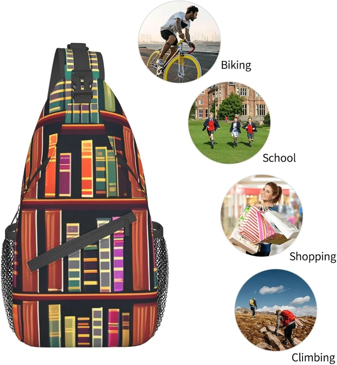 Library Bookshelf Unisex Casual Diagonal Chest Bag,Multipurpose Crossbody Shoulder Bag Travel Hiking Daypack