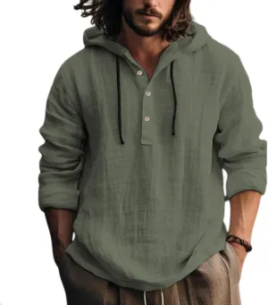 Linen Shirts for Men Lightweight Hoodie Casual Long Sleeve Loose Fit Breathable Sports Button Big Tall Party Tops