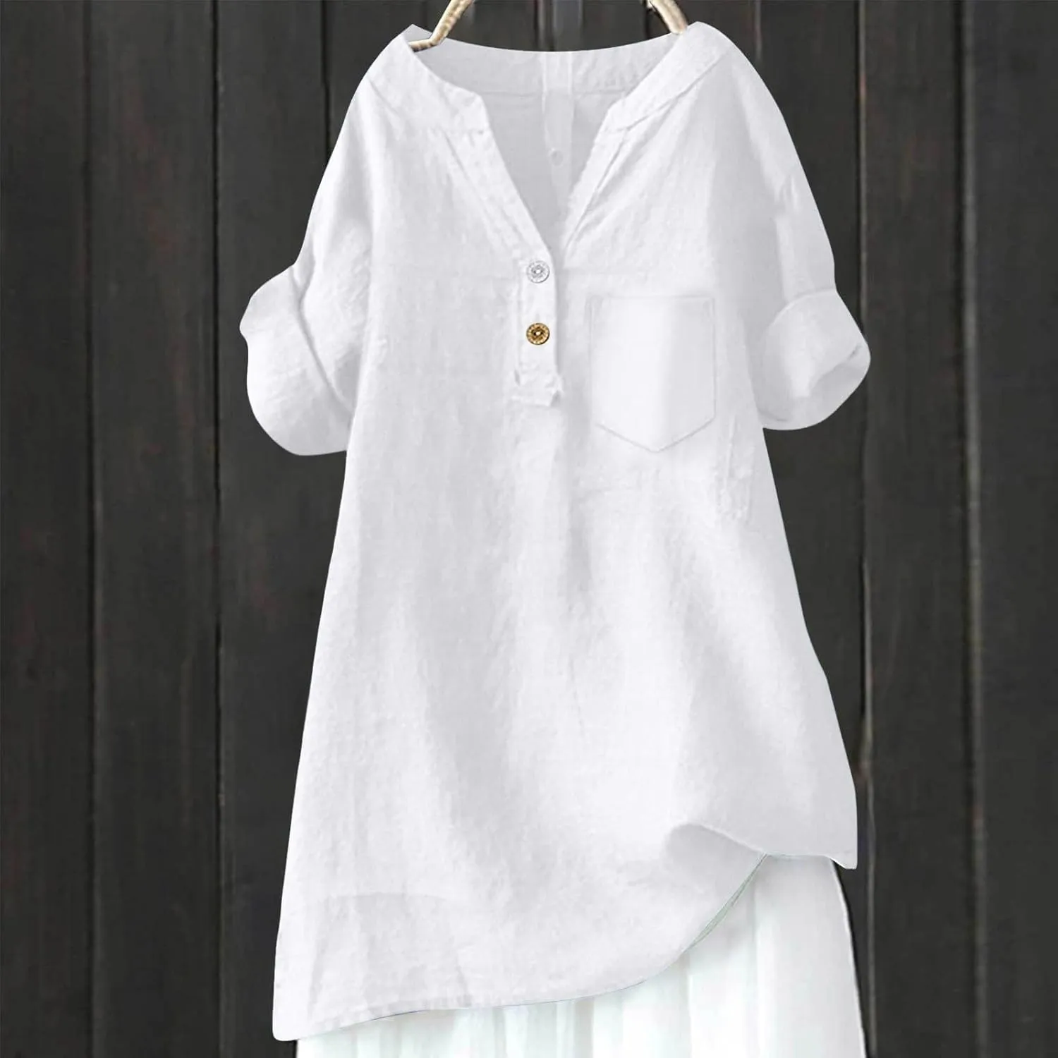 Linen Shirts for Women Plus Size Summer Loose Fit Button Down Shirts Roll Up Sleeve Tops Cotton Linen Work Blouses