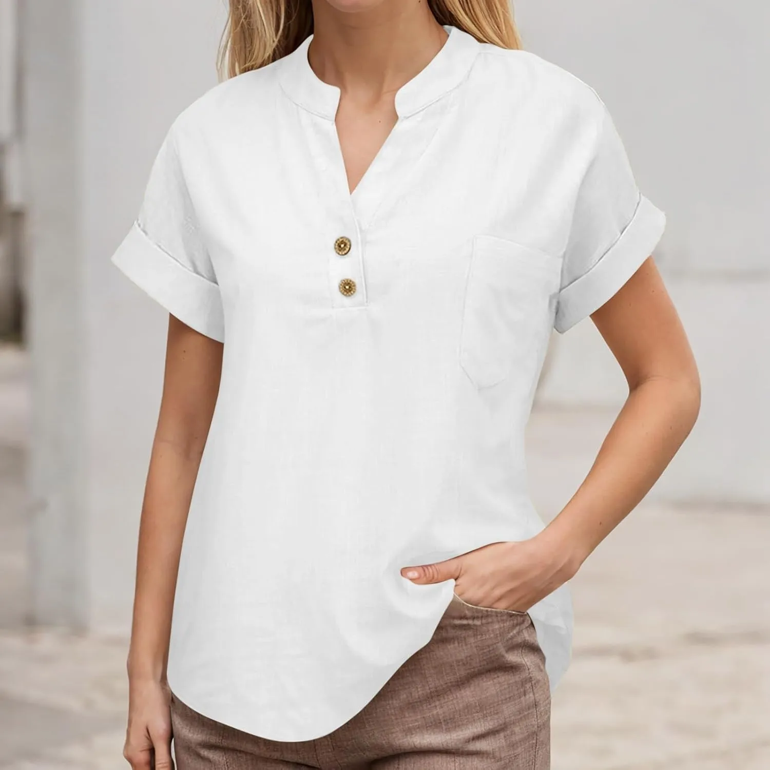 Linen Shirts for Women Plus Size Summer Loose Fit Button Down Shirts Roll Up Sleeve Tops Cotton Linen Work Blouses