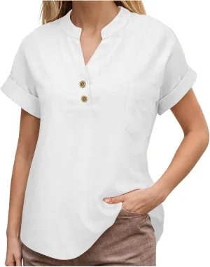 Linen Shirts for Women Plus Size Summer Loose Fit Button Down Shirts Roll Up Sleeve Tops Cotton Linen Work Blouses