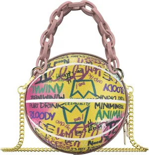 Linkidea Basketball Shaped Purses for Women, Graffiti Letter Girls Mini Round Bag, Vegan Leather Shoulder Crossbody Messenger Handbag (Pink)