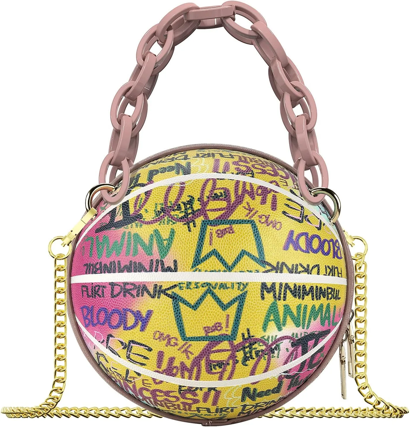 Linkidea Basketball Shaped Purses for Women, Graffiti Letter Girls Mini Round Bag, Vegan Leather Shoulder Crossbody Messenger Handbag (Pink)