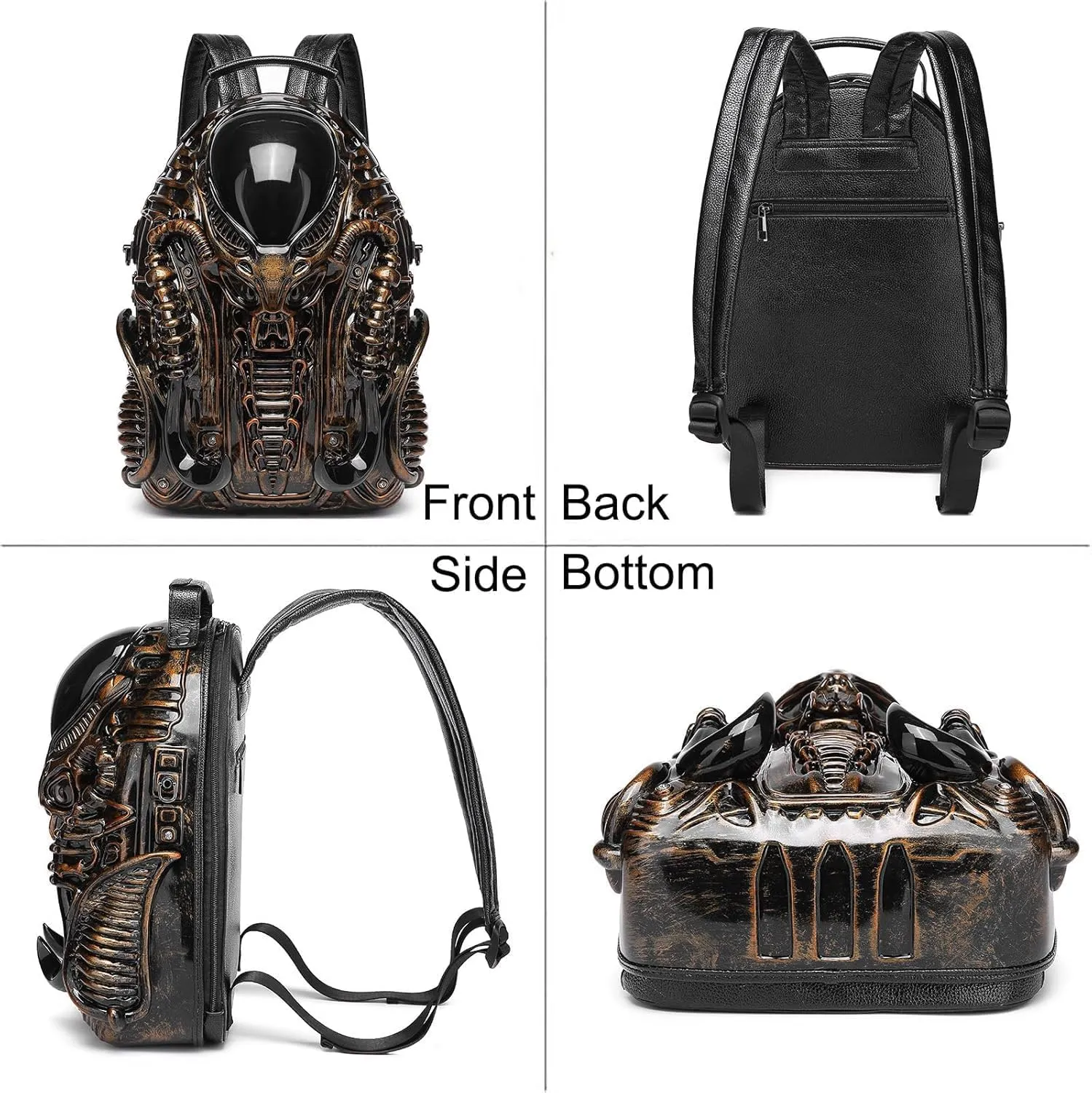LipSki 3D Xenomorph Shaped Backpack, Steam Punk for Men or Women Y2K Personality Travel Handbag PVC Unique Novelty Alien Purse (gold)