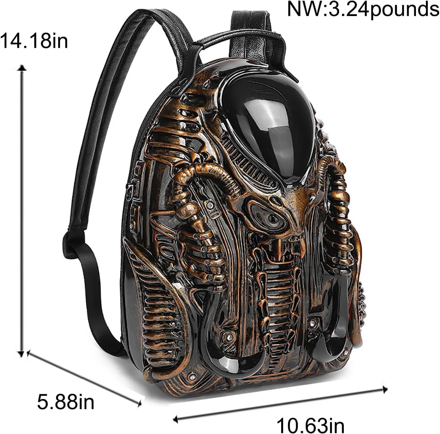 LipSki 3D Xenomorph Shaped Backpack, Steam Punk for Men or Women Y2K Personality Travel Handbag PVC Unique Novelty Alien Purse (gold)