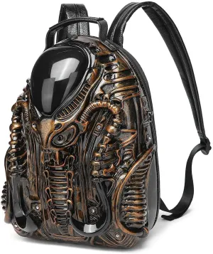 LipSki 3D Xenomorph Shaped Backpack, Steam Punk for Men or Women Y2K Personality Travel Handbag PVC Unique Novelty Alien Purse (gold)