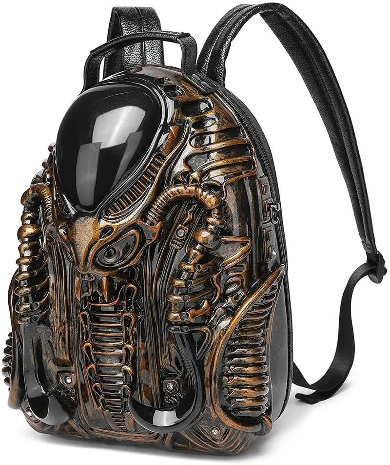 LipSki 3D Xenomorph Shaped Backpack, Steam Punk for Men or Women Y2K Personality Travel Handbag PVC Unique Novelty Alien Purse (gold)