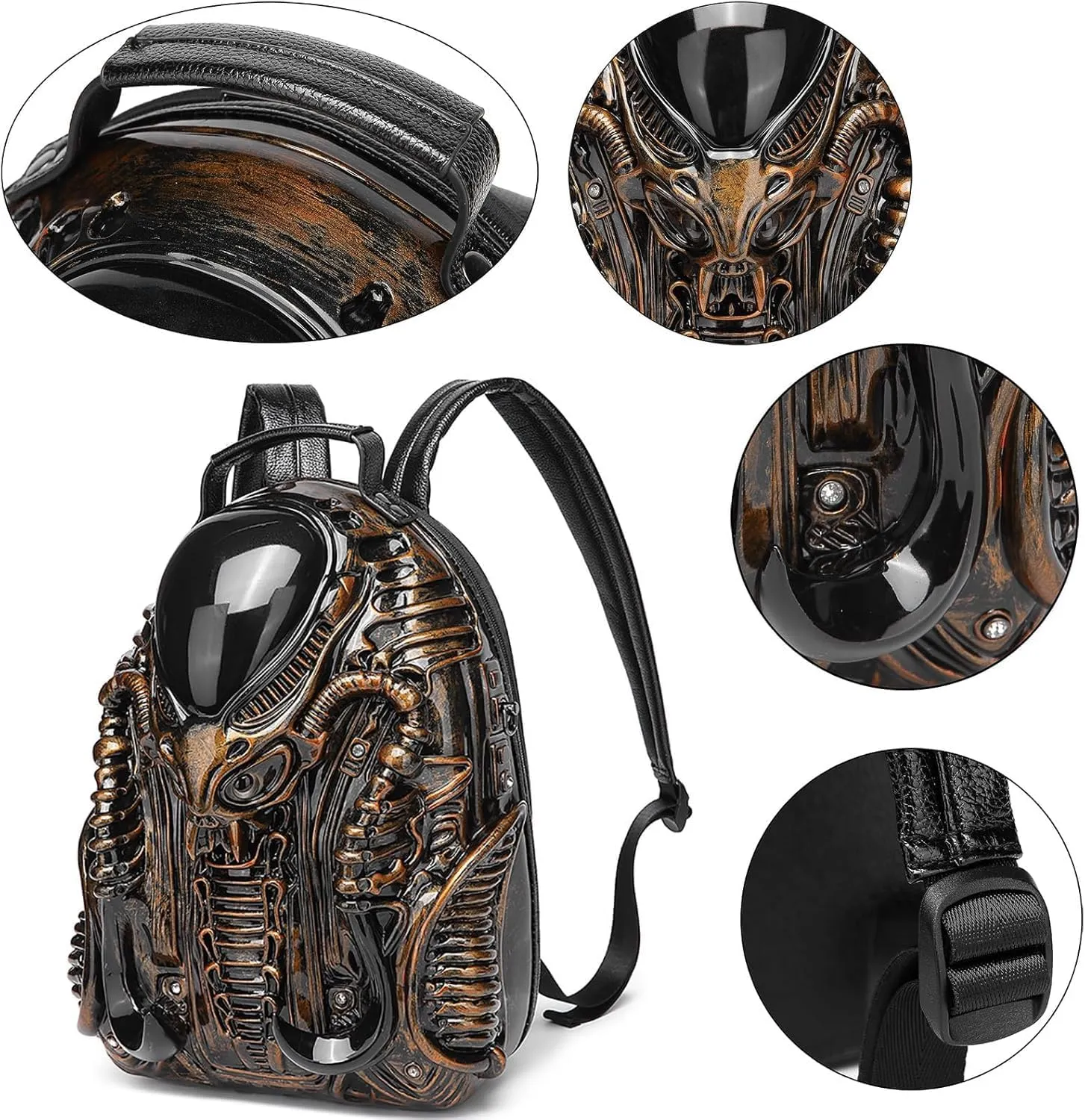 LipSki 3D Xenomorph Shaped Backpack, Steam Punk for Men or Women Y2K Personality Travel Handbag PVC Unique Novelty Alien Purse (gold)