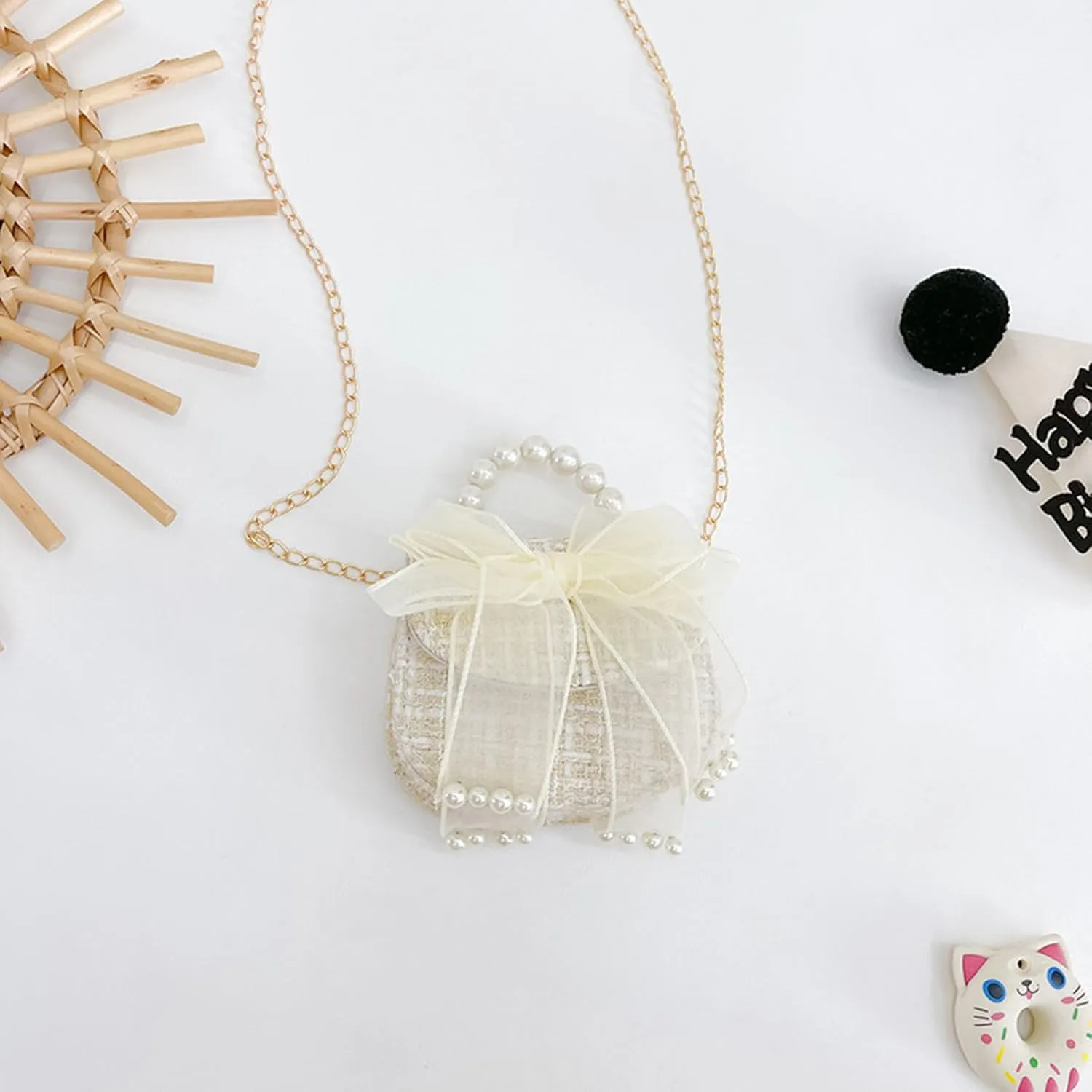 Little Girls Purse,Cute Bowknot Crossbody Handbag Shoulder Bag with Pearl Handle, Detachable Gold Chain