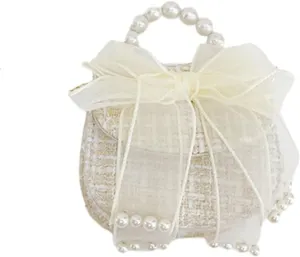 Little Girls Purse,Cute Bowknot Crossbody Handbag Shoulder Bag with Pearl Handle, Detachable Gold Chain