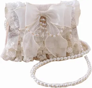 Lolita Girls White Lace Bowknot Handbag Women's Lace Shoulder Bag Pearl Straps Crossbody Bag