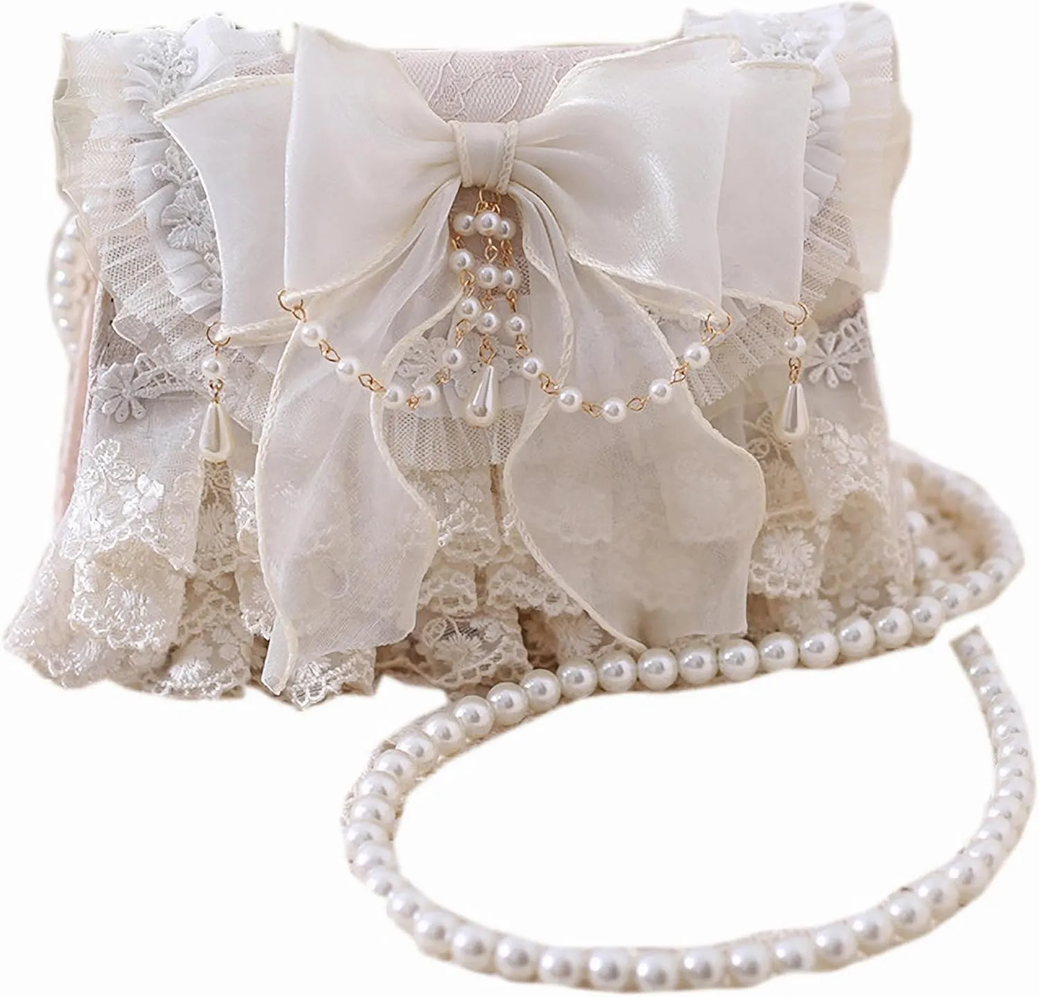 Lolita Girls White Lace Bowknot Handbag Women's Lace Shoulder Bag Pearl Straps Crossbody Bag