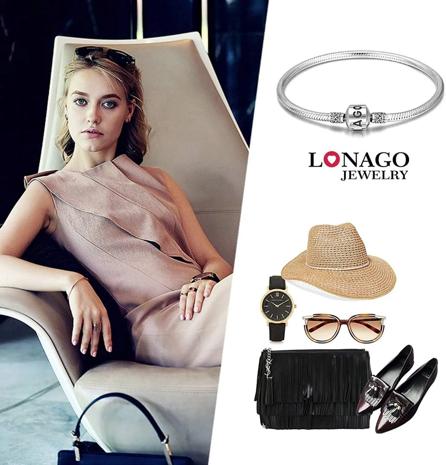 LONAGO Genuine Charm Bracelet 925 Sterling Silver Snake Chain Bangle Barrel Clasp Jewelry Fit Charm Birthday Gift for Women