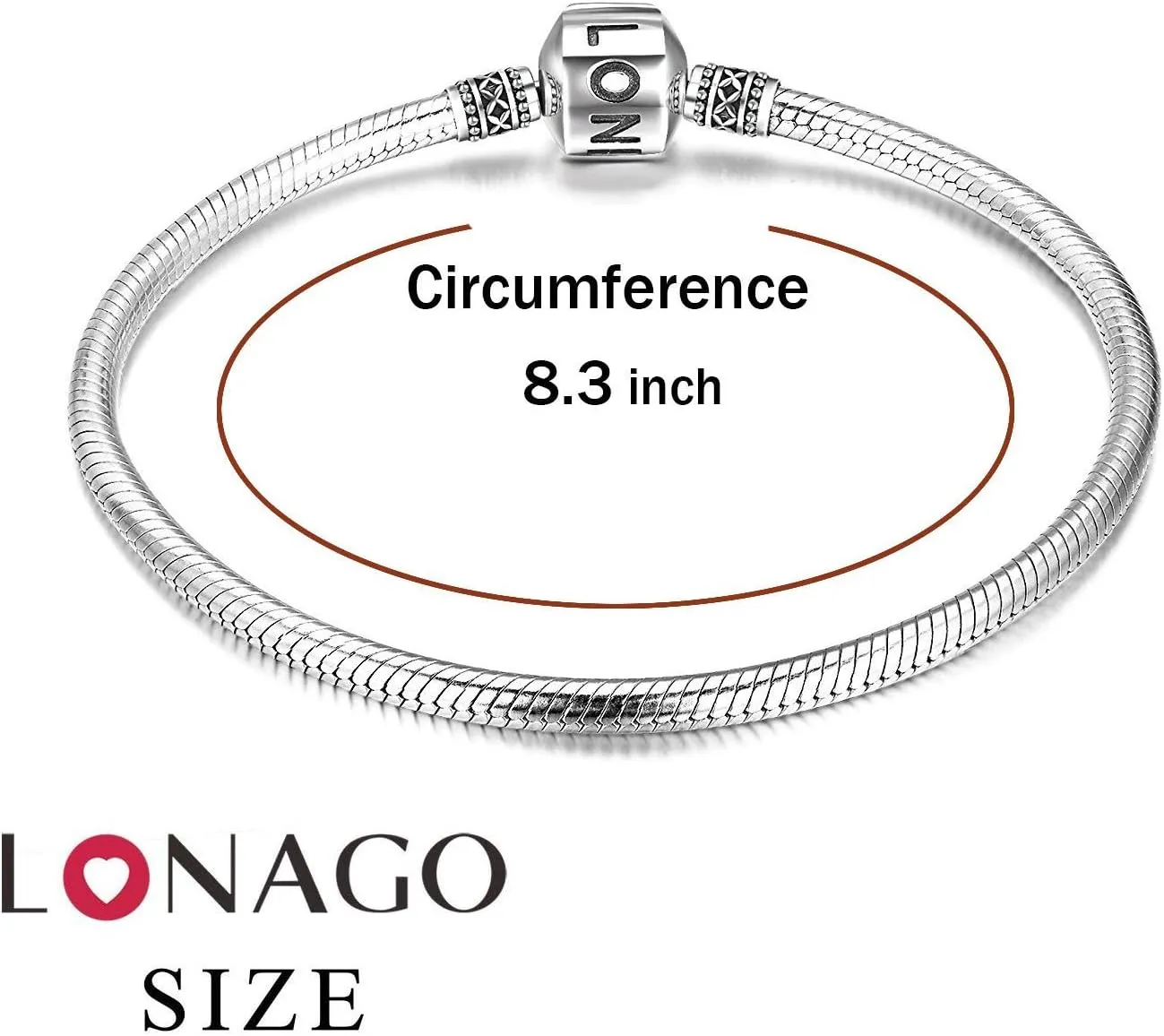 LONAGO Genuine Charm Bracelet 925 Sterling Silver Snake Chain Bangle Barrel Clasp Jewelry Fit Charm Birthday Gift for Women