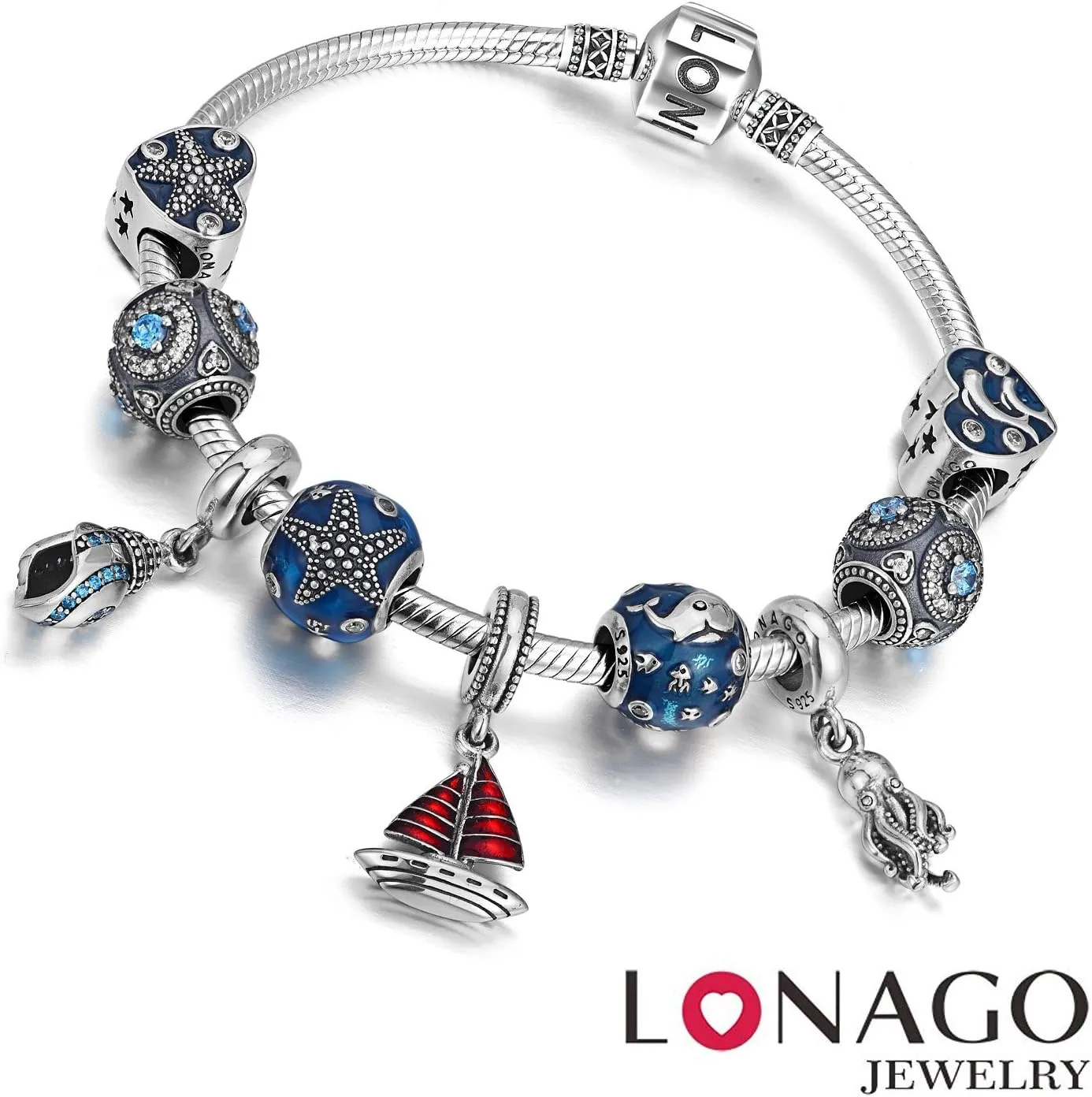 LONAGO Genuine Charm Bracelet 925 Sterling Silver Snake Chain Bangle Barrel Clasp Jewelry Fit Charm Birthday Gift for Women