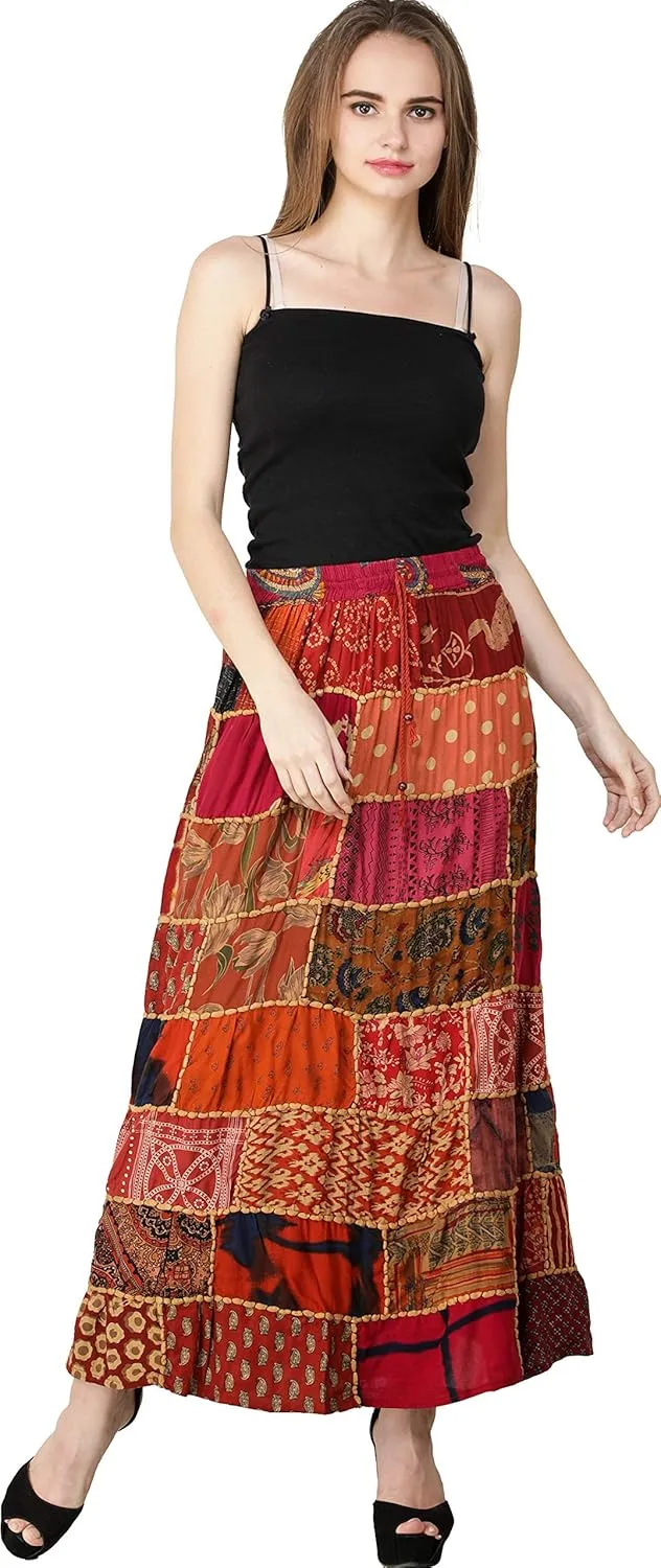 Long Printed Dori Skirt from Gujarat with Patch Work - Rayon