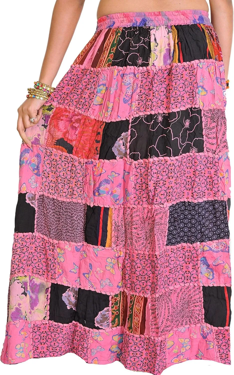 Long Printed Dori Skirt from Gujarat with Patch Work - Rayon