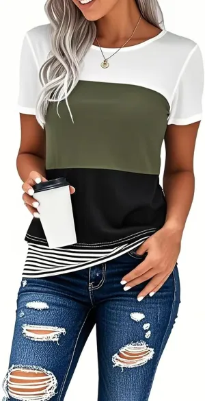 Long Sleeve Shirts for Women Casual Lightweight Sweaters Color Block Striped Tunic Tops
