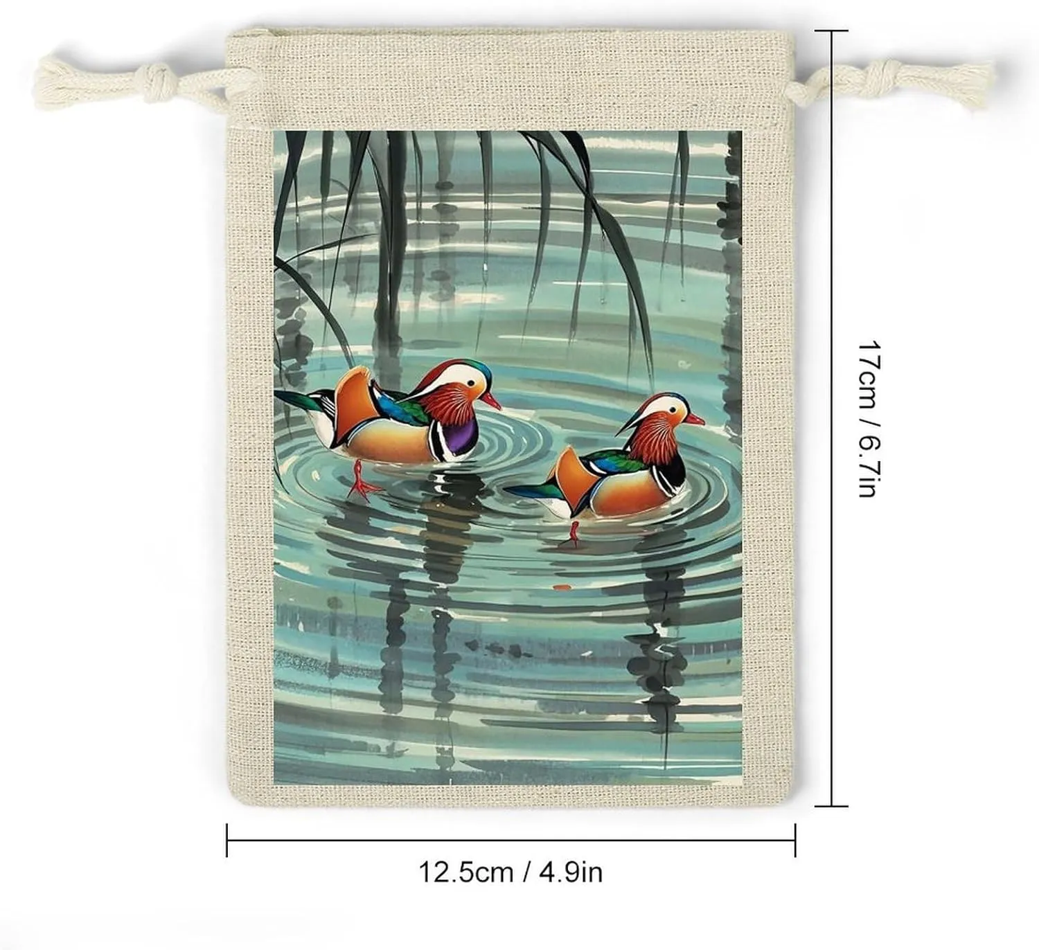 LPSADGF 8 PCS Chinese Style Mandarin Ducks Drawstring Gift Bags Reusable Cotton Linen Storage Pouches for Christmas, Weddings, Parties, Favors 4.9"x6.7" Small Burlap Bags