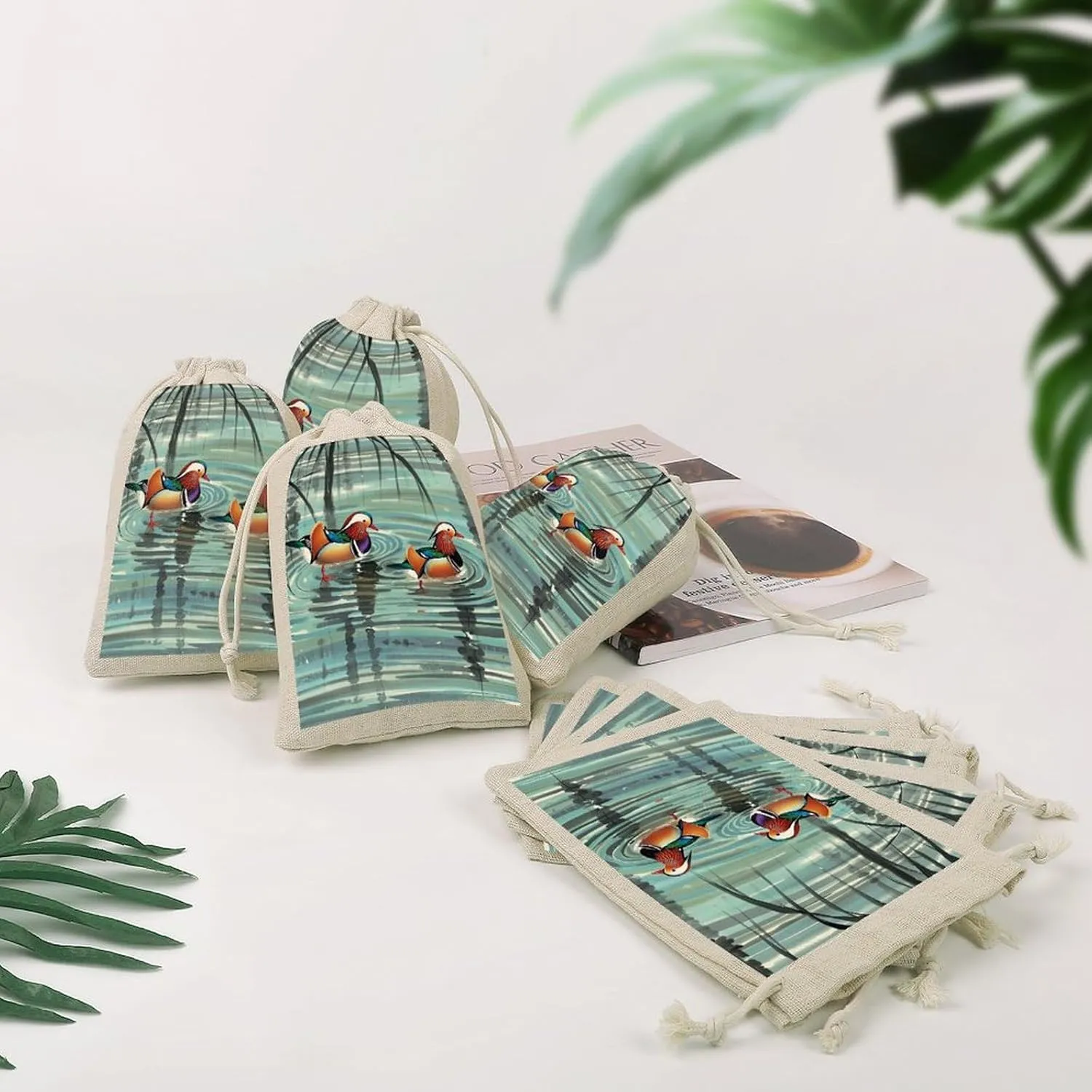 LPSADGF 8 PCS Chinese Style Mandarin Ducks Drawstring Gift Bags Reusable Cotton Linen Storage Pouches for Christmas, Weddings, Parties, Favors 4.9"x6.7" Small Burlap Bags