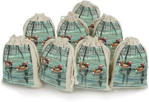 LPSADGF 8 PCS Chinese Style Mandarin Ducks Drawstring Gift Bags Reusable Cotton Linen Storage Pouches for Christmas, Weddings, Parties, Favors 4.9"x6.7" Small Burlap Bags