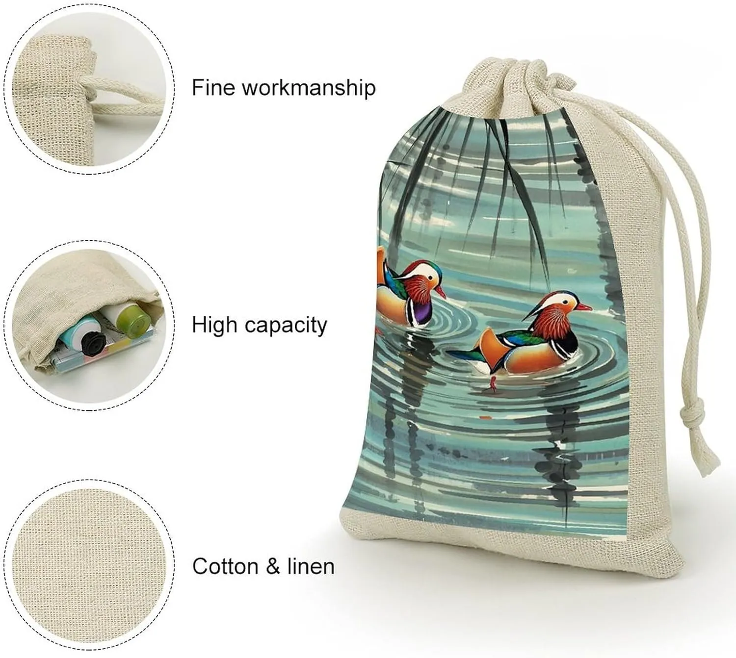 LPSADGF 8 PCS Chinese Style Mandarin Ducks Drawstring Gift Bags Reusable Cotton Linen Storage Pouches for Christmas, Weddings, Parties, Favors 4.9"x6.7" Small Burlap Bags