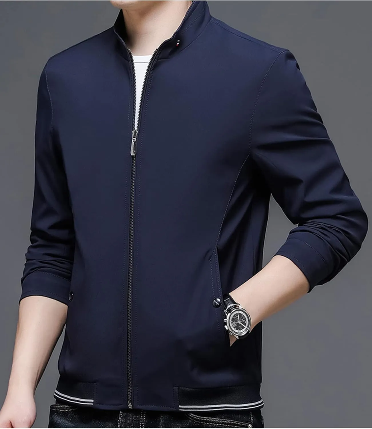 Lucrosun Men's Casual Lightweight Softshell Full Zip Stand Collar Work Jacket