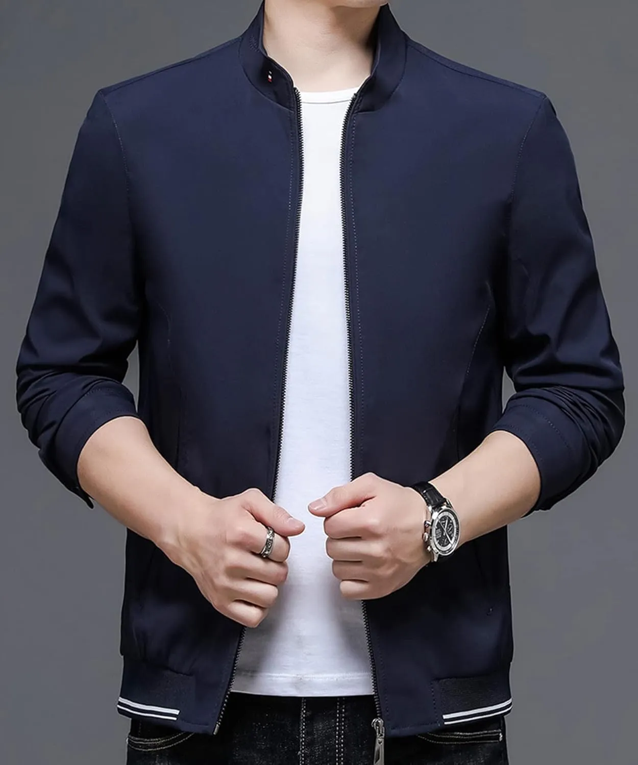 Lucrosun Men's Casual Lightweight Softshell Full Zip Stand Collar Work Jacket