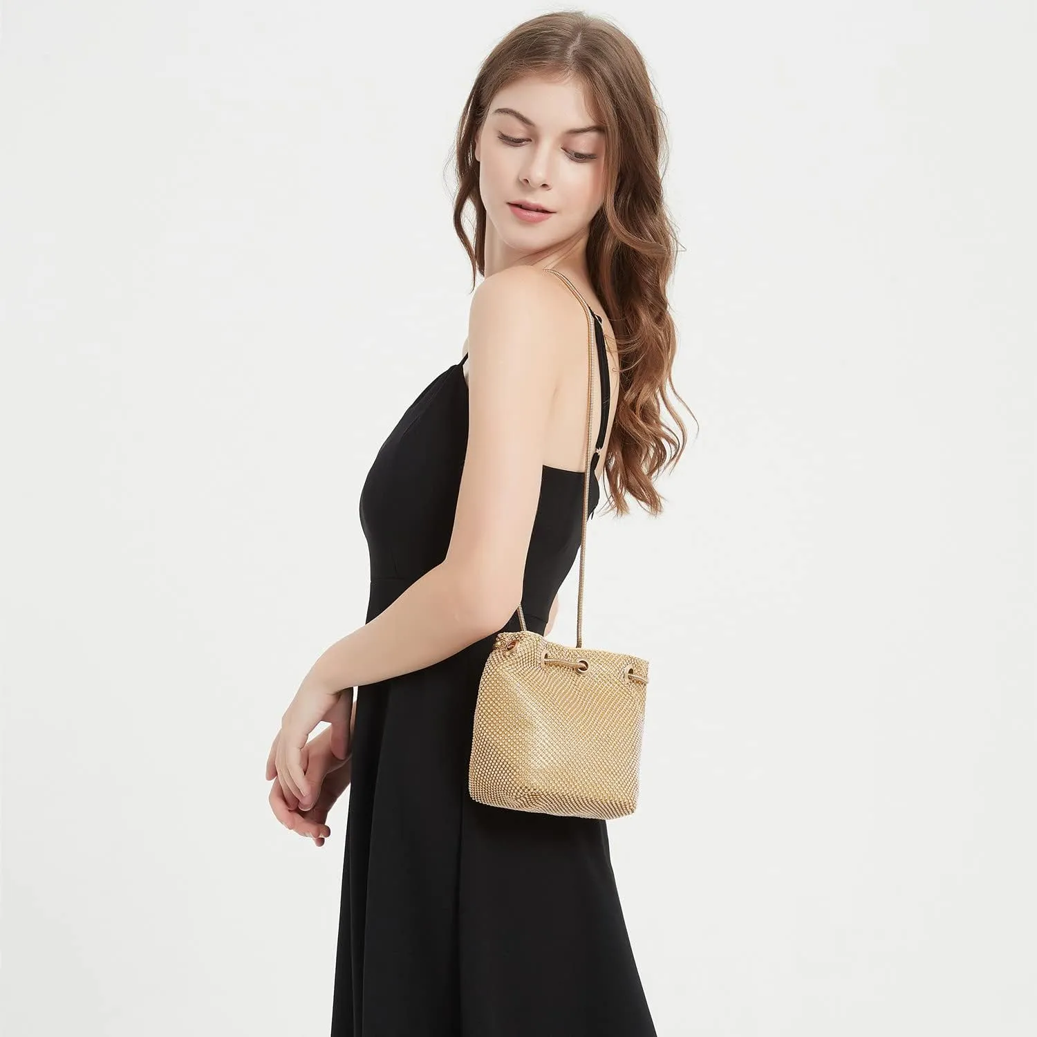Luxury Full Rhinestone Bucket Bag, Bling Evening Bag Purse for Women