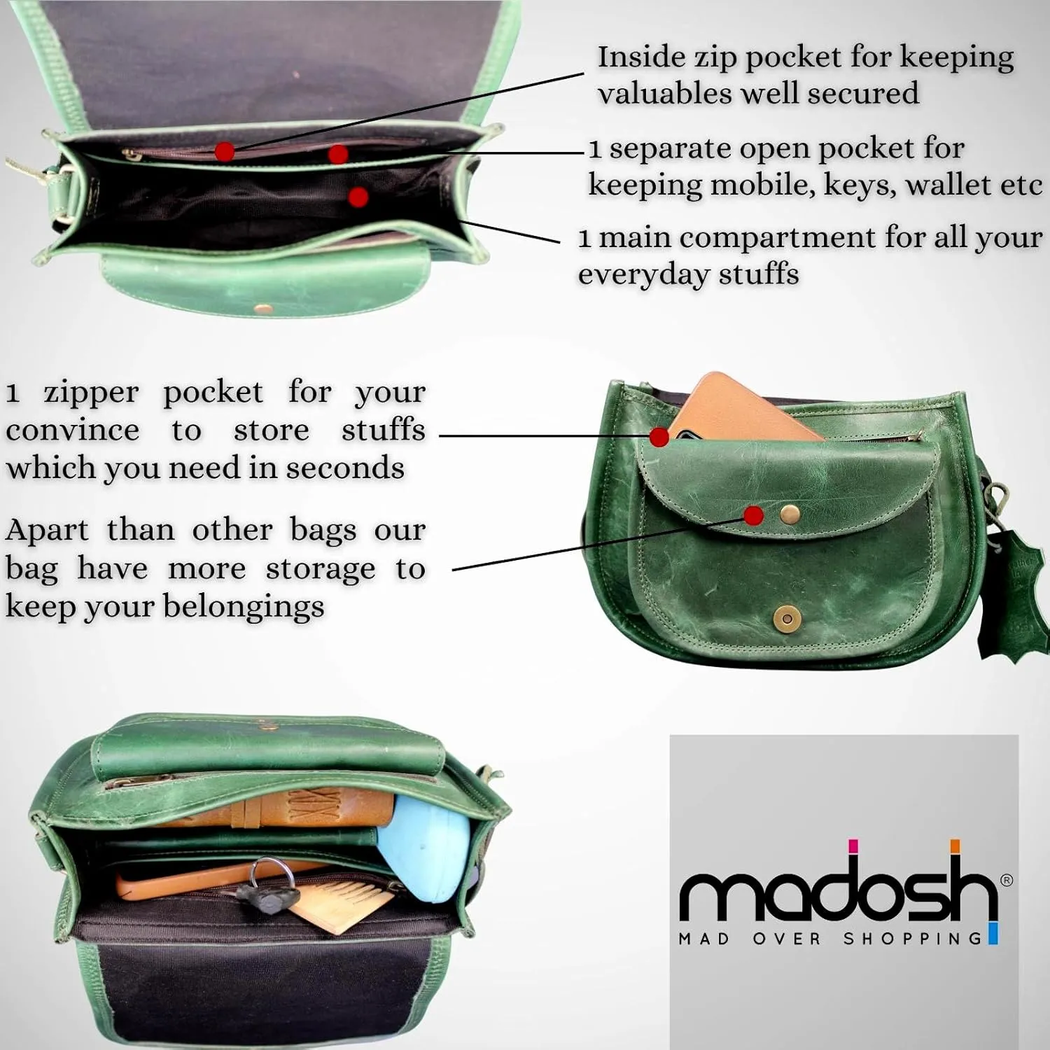 Madosh, Saddle Bag For Women Genuine Leather Crossbody Bag Girls Sling Purse Ladies Cross-Over Small Handbag