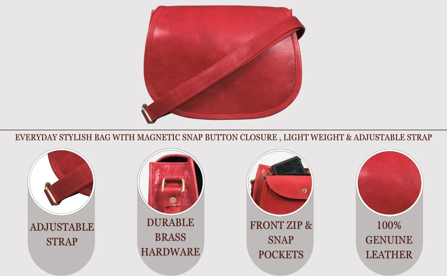 Madosh, Saddle Bag For Women Genuine Leather Crossbody Bag Girls Sling Purse Ladies Cross-Over Small Handbag