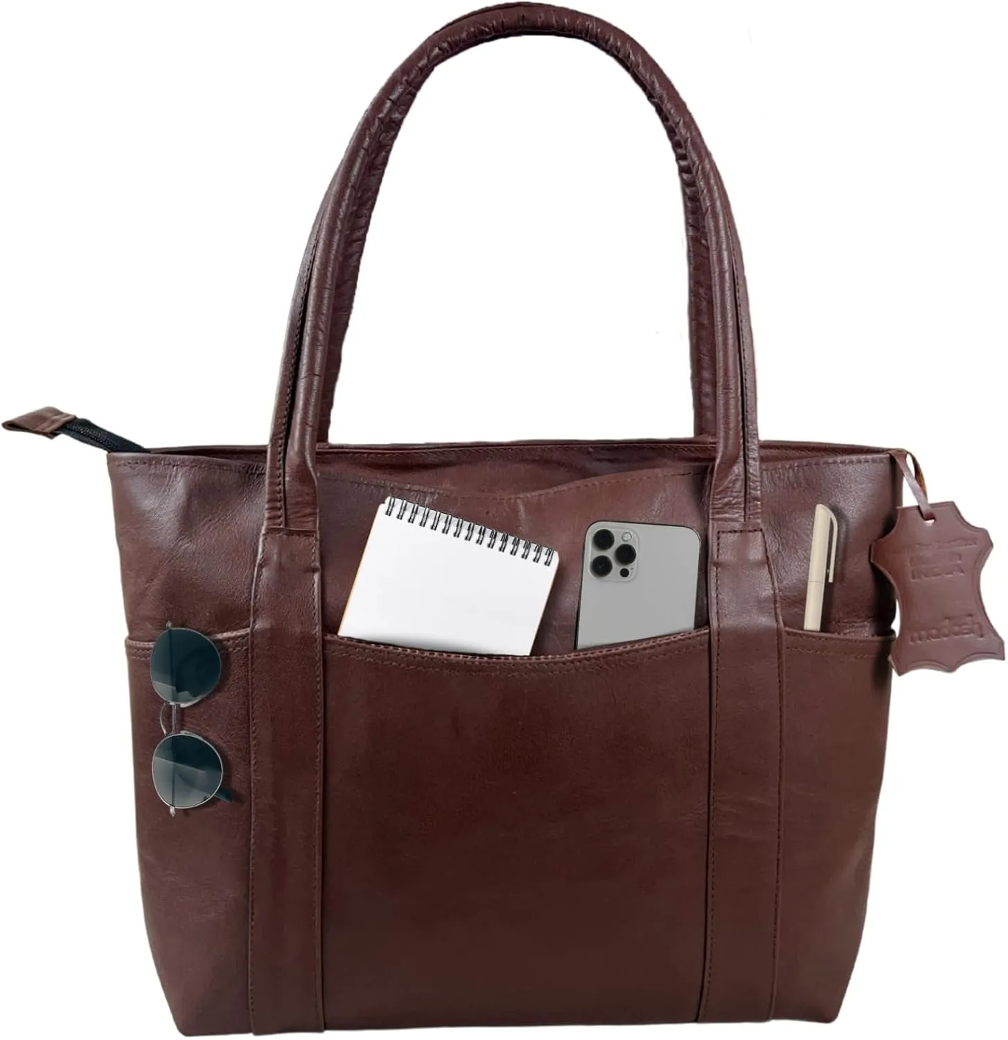 Madosh Vintage Genuine Leather Women's Tote Style Shoulder Handbag Valentine Gift Shopper Brown 16” Bag