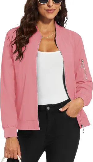 MAGCOMSEN Women's Jacket Lightweight Bomber Jackets 5 Pockets Windbreaker Zip-up Casual Moto Outwear