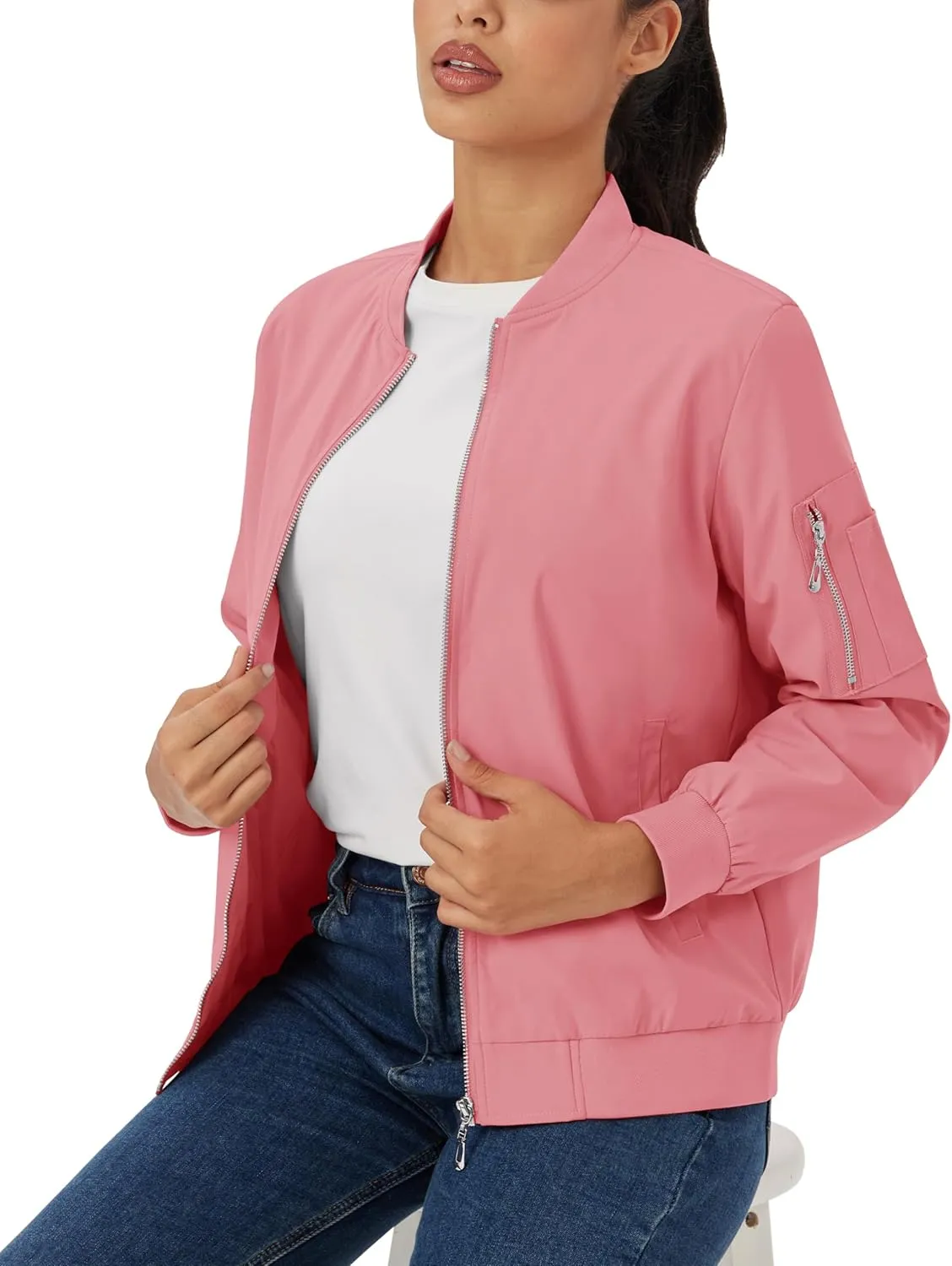 MAGCOMSEN Women's Jacket Lightweight Bomber Jackets 5 Pockets Windbreaker Zip-up Casual Moto Outwear