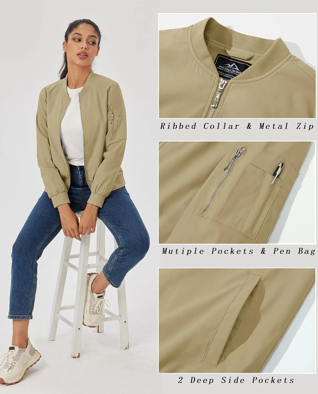 MAGCOMSEN Women's Jacket Lightweight Bomber Jackets 5 Pockets Windbreaker Zip-up Casual Moto Outwear