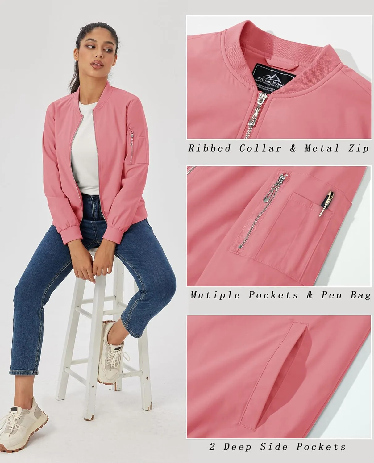 MAGCOMSEN Women's Jacket Lightweight Bomber Jackets 5 Pockets Windbreaker Zip-up Casual Moto Outwear