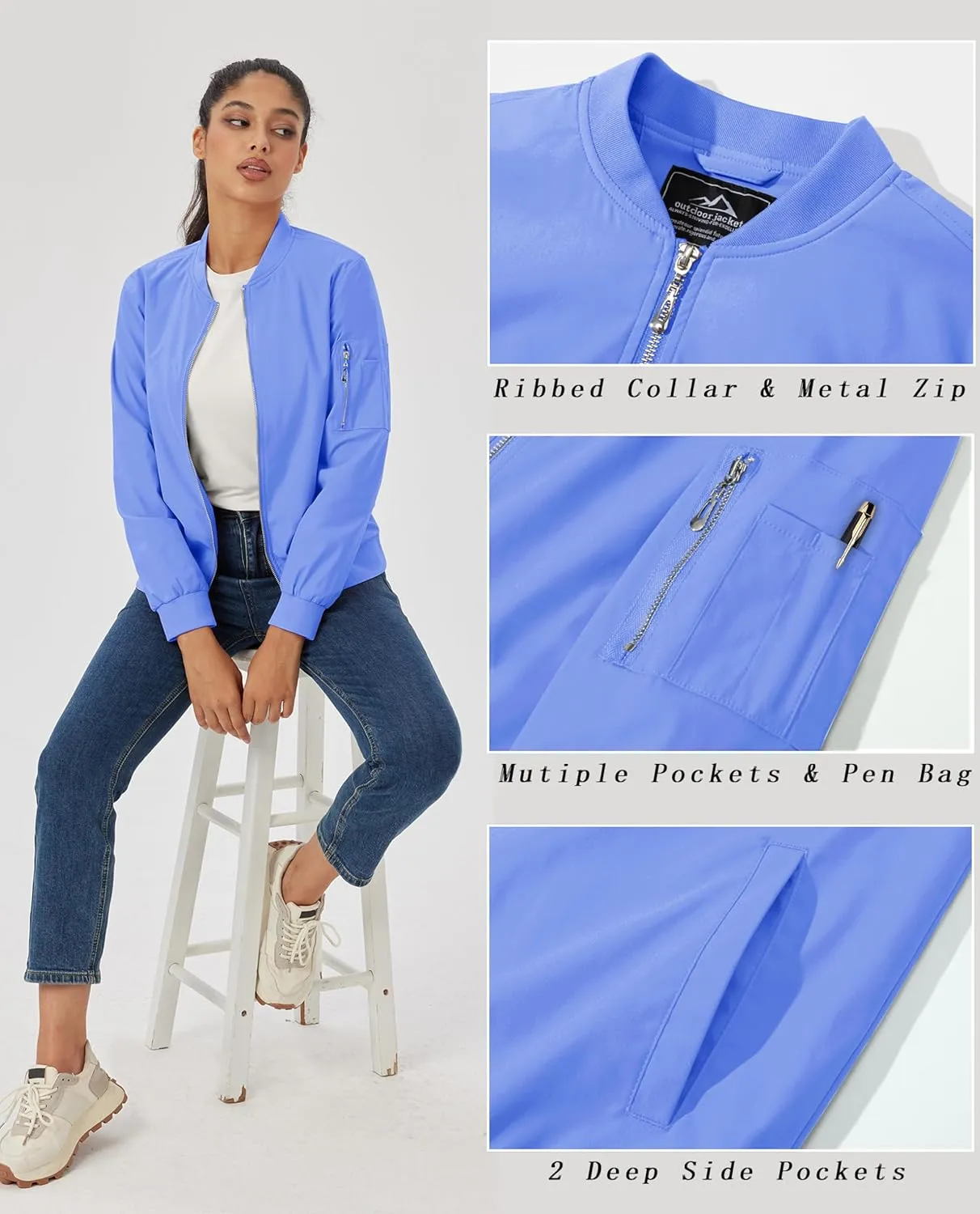 MAGCOMSEN Women's Jacket Lightweight Bomber Jackets 5 Pockets Windbreaker Zip-up Casual Moto Outwear