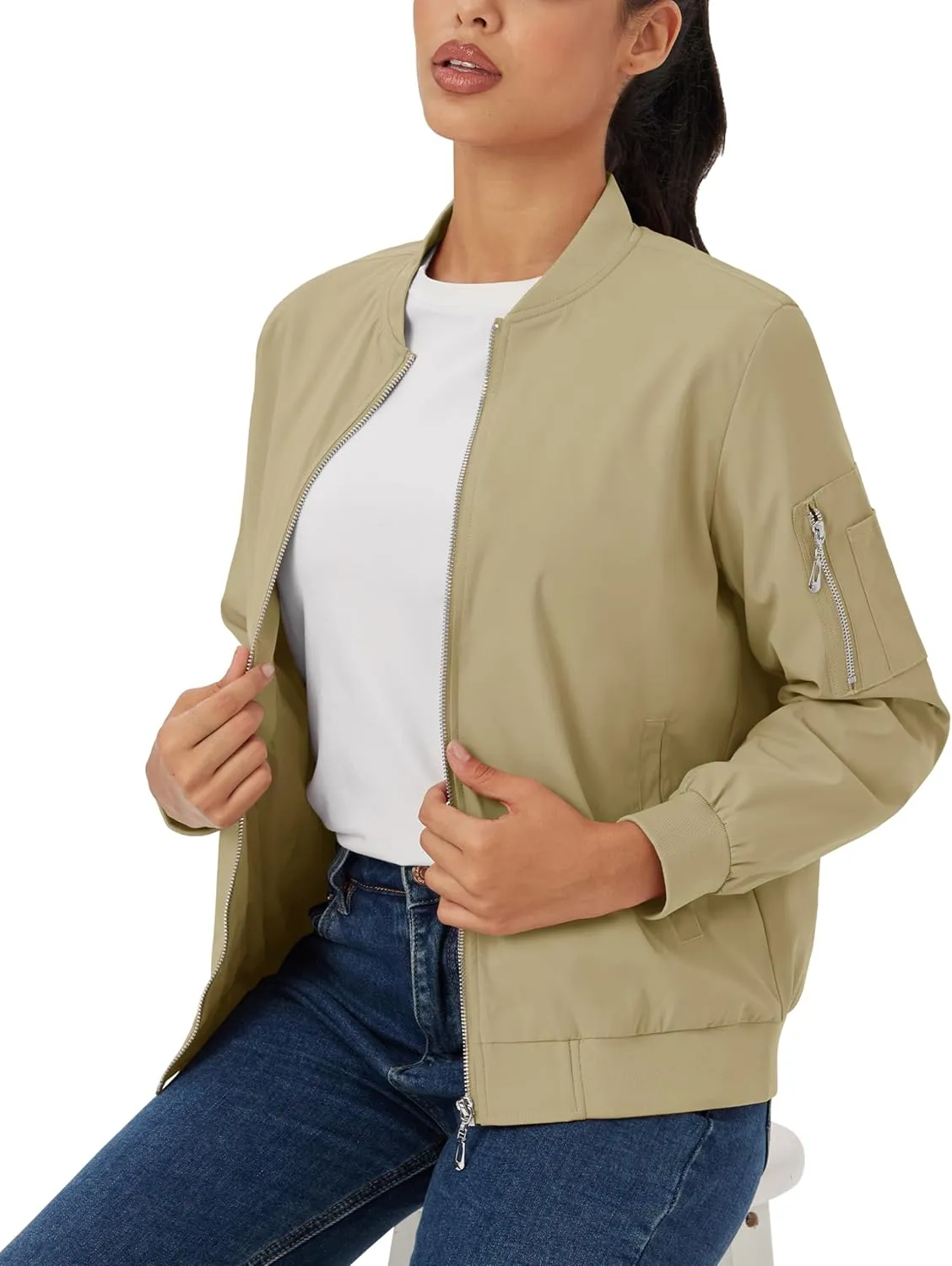 MAGCOMSEN Women's Jacket Lightweight Bomber Jackets 5 Pockets Windbreaker Zip-up Casual Moto Outwear
