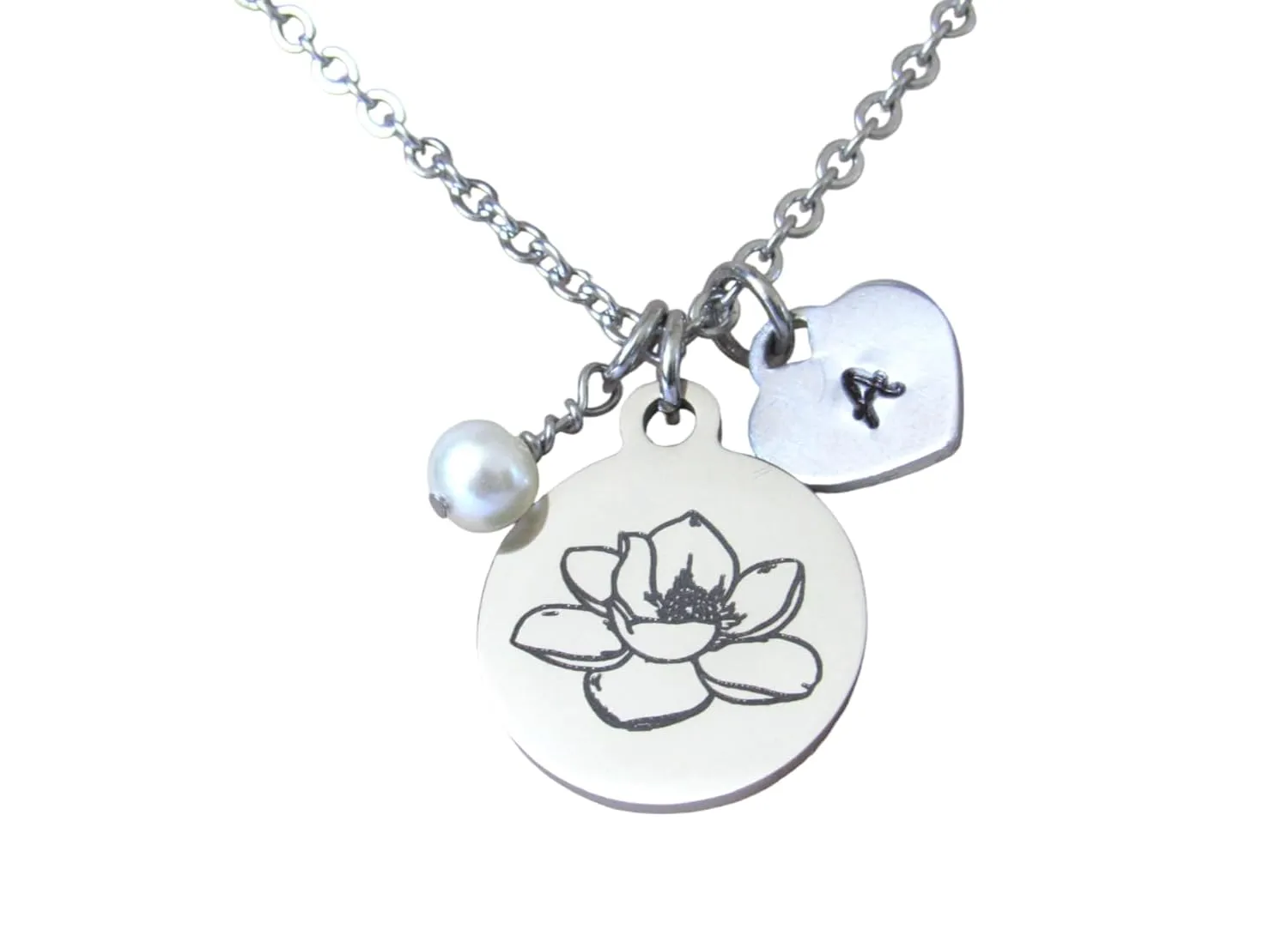 Magnolia Flower Necklace w/Initial Heart & Freshwater Pearl Bead, Magnolia Flower Jewelry, Birthday Gift Mother Daughter Wife Friend