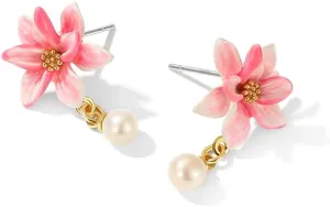 Magnolia Pink Flower And Pearl Enanel Dangle Stud Earrings Handmade Jewelry Gift Juicy Grape Vacation Holiday