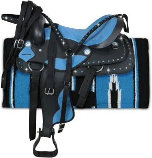 Manaal Enterprises Synthetic Western Adult Horse Saddle Tack Barrel Racing, Free Matching Headstall, Breast Collar, Reins & Saddle Pad Size 14" to 18" Inches Seat Available (15" Inches seat)