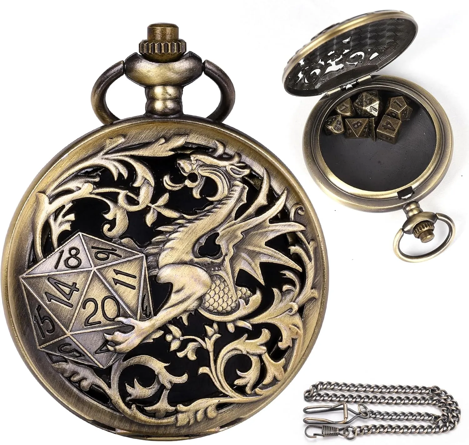 ManChDa Mini D&D Dice Set DND Pocket Watch Shell 7PCS Micro Polyhedral Dice Set Metal Dice Dungeons and Dragons Accessories Bronze