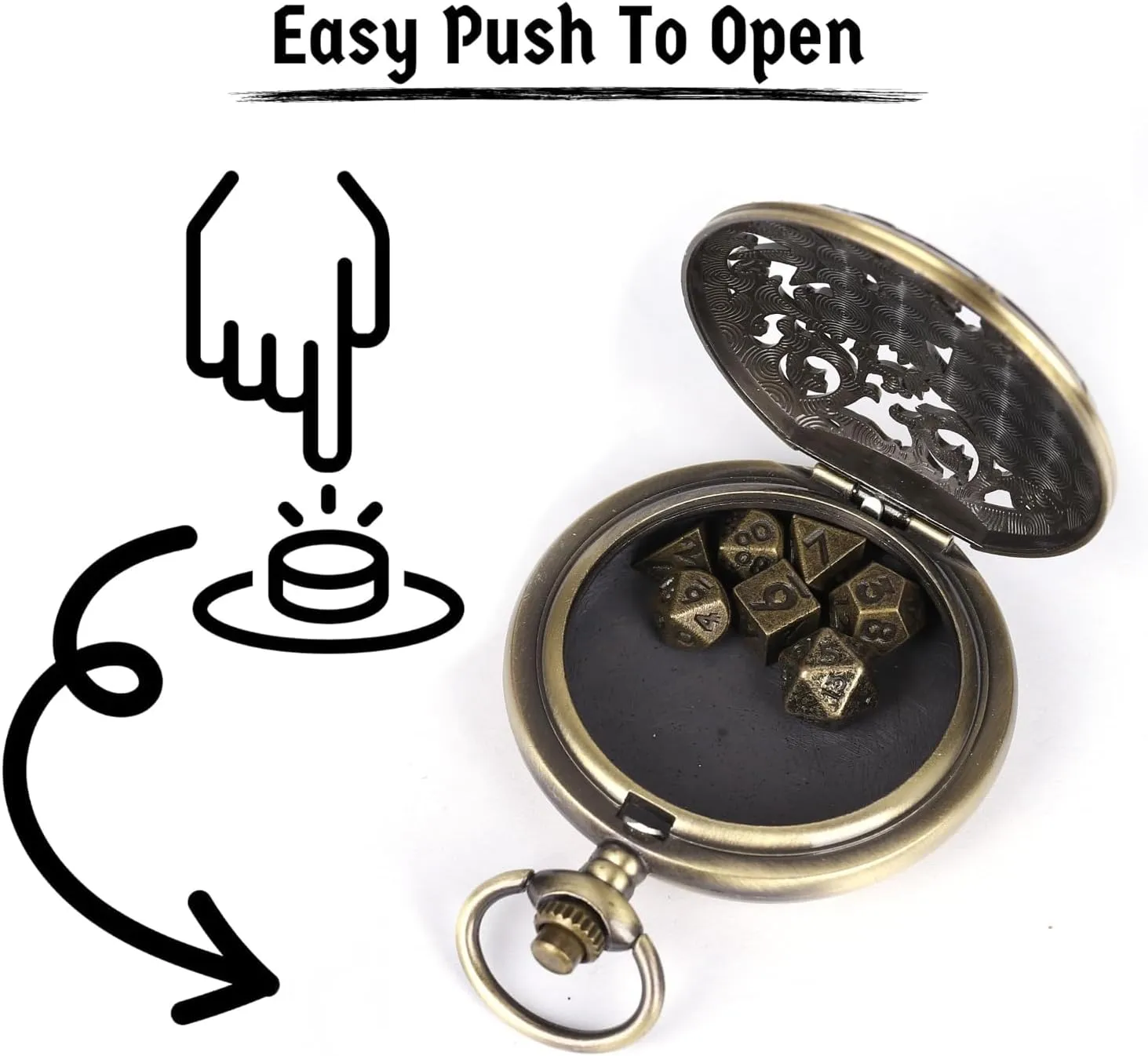 ManChDa Mini D&D Dice Set DND Pocket Watch Shell 7PCS Micro Polyhedral Dice Set Metal Dice Dungeons and Dragons Accessories Bronze