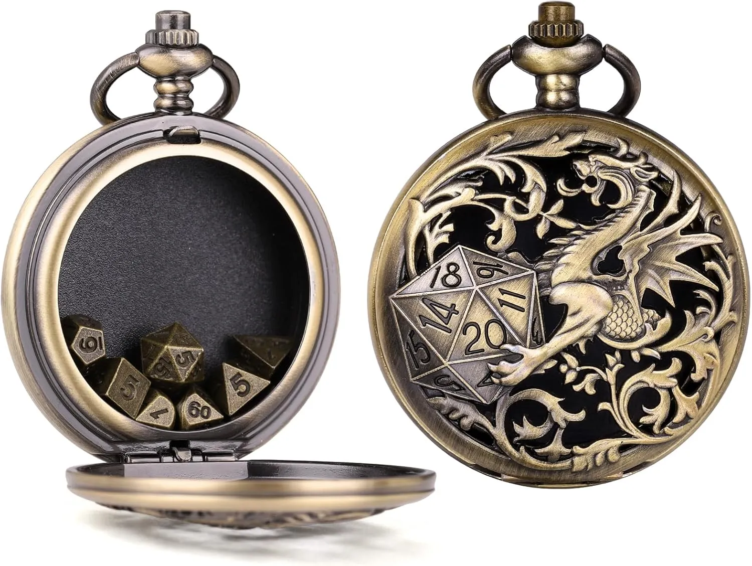 ManChDa Mini D&D Dice Set DND Pocket Watch Shell 7PCS Micro Polyhedral Dice Set Metal Dice Dungeons and Dragons Accessories Bronze